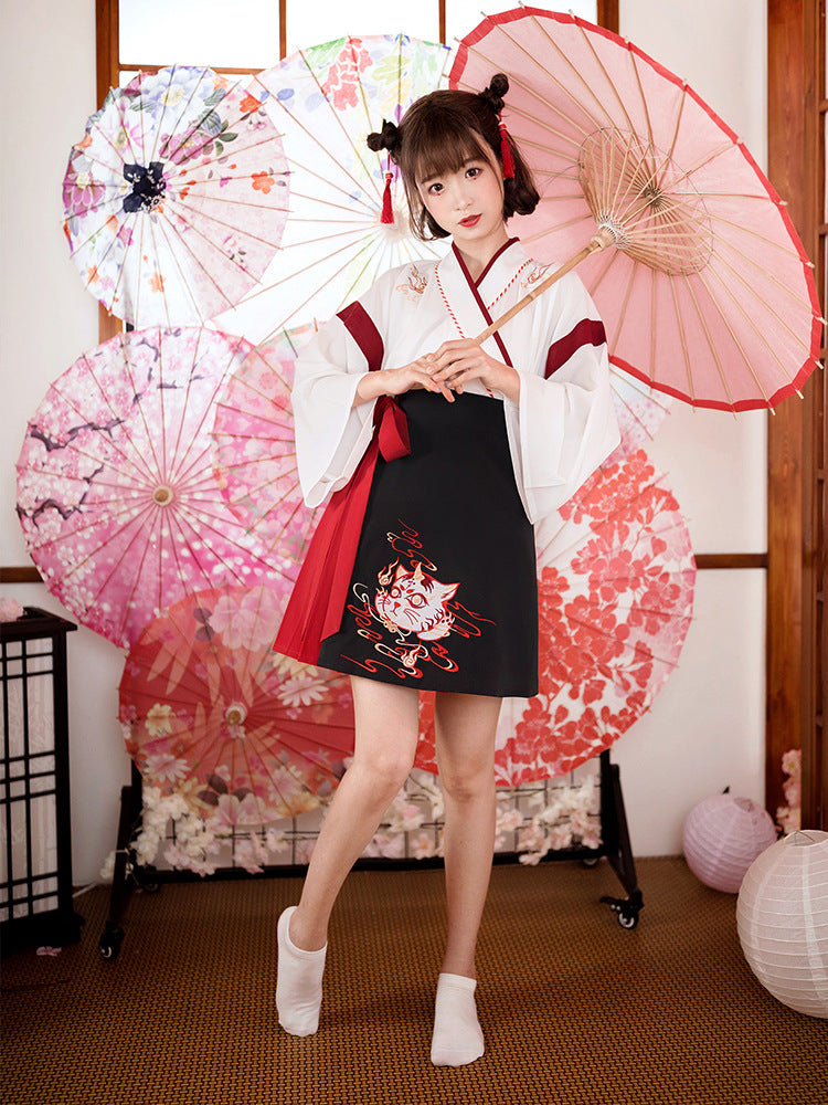 Japanesex Dress Kimono Woman Black White Cat Embroidery Skirts Vintage Asian Clothing Yukata Haori Cosplay Party 2 Pieces Sets