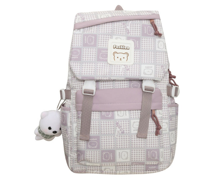 Kawaii Fashion Bag Whimsical Plaid Dreamer Backpack with Bear Pendant