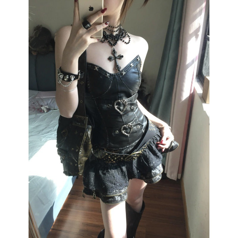 Retro Dark Punk Waist Tube Top Slimming Puffy Skirt Outfit
