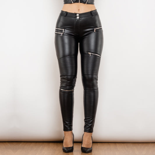Matte Black Smocked Faux Leather Skinny Pants for Women