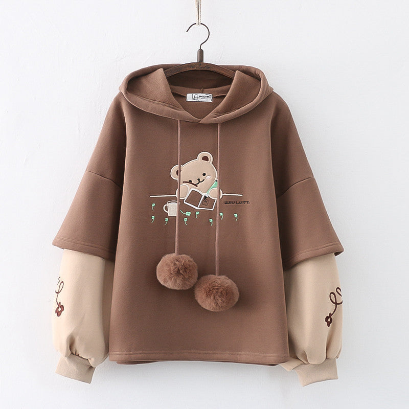 Kawaii Fashion Hoodie Whimsical Bear Embroidery Cozy Pullover