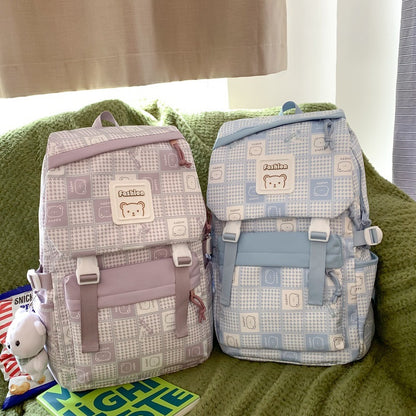 Kawaii Fashion Bag Whimsical Plaid Dreamer Backpack with Bear Pendant