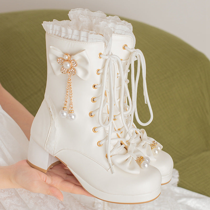 Kawaii Fashion Shoes Whimsical Bowdream Lace-Up Boots