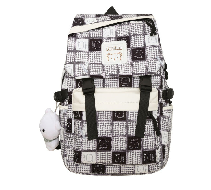 Kawaii Fashion Bag Whimsical Plaid Dreamer Backpack with Bear Pendant