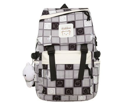 Kawaii Fashion Bag Whimsical Plaid Dreamer Backpack with Bear Pendant