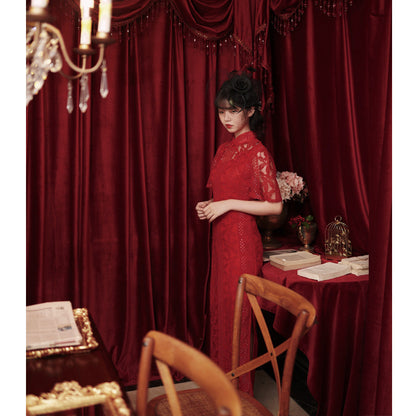 Kawaii Fashion China Dress  Red Lace Bridal Wedding Toast Dress