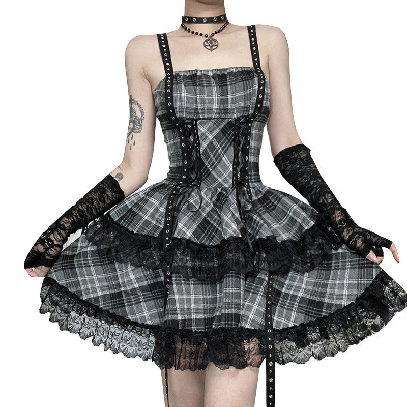 Kawaii Fashion Goth Dress Midnight Lace Whispers Pleated Enchantment