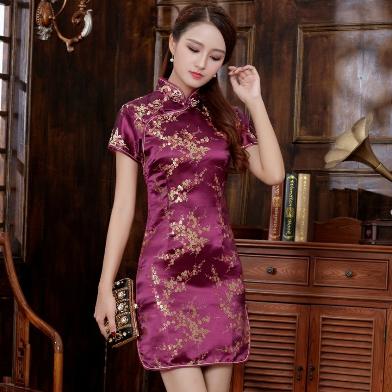 plum blossom brocade short cheongsam dress - view 11