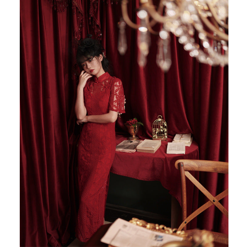 Kawaii Fashion China Dress  Red Lace Bridal Wedding Toast Dress