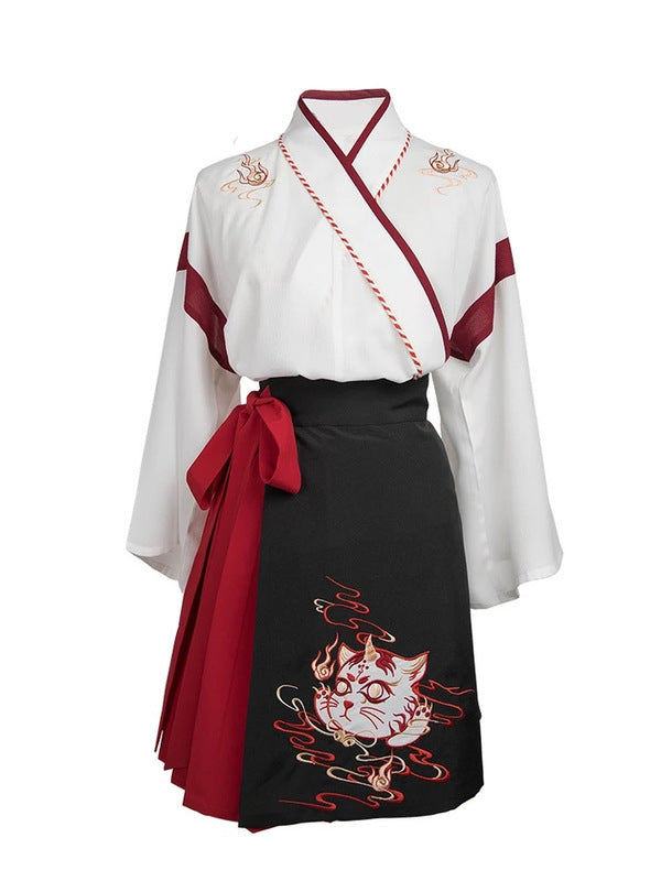 Japanesex Dress Kimono Woman Black White Cat Embroidery Skirts Vintage Asian Clothing Yukata Haori Cosplay Party 2 Pieces Sets