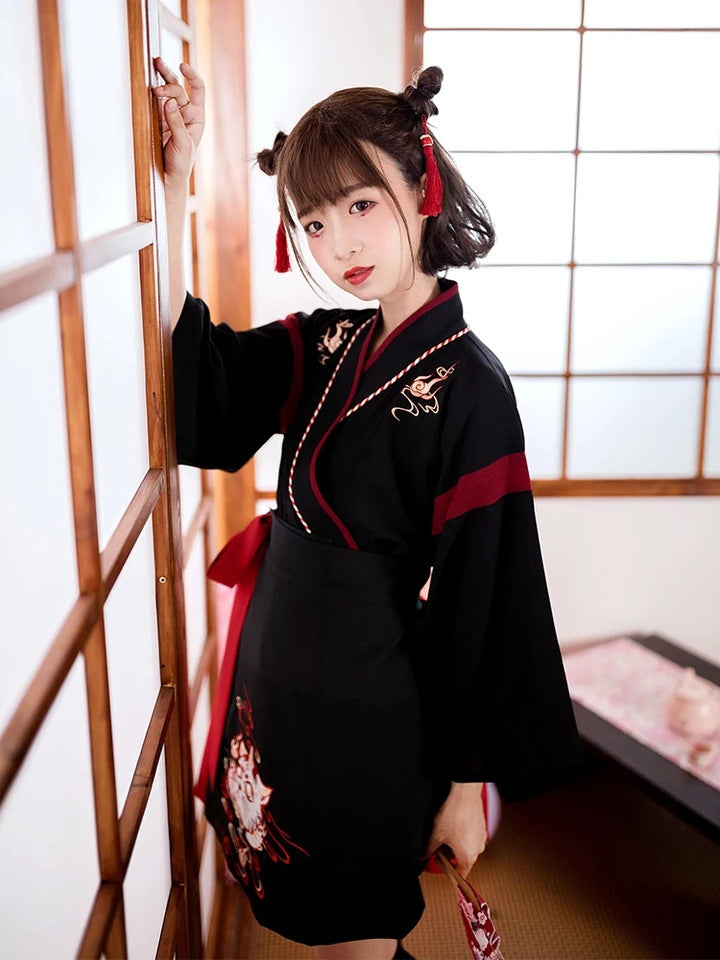 Japanesex Dress Kimono Woman Black White Cat Embroidery Skirts Vintage Asian Clothing Yukata Haori Cosplay Party 2 Pieces Sets
