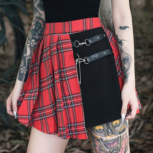 Gothic Red Plaid Pleated Mini Skirt