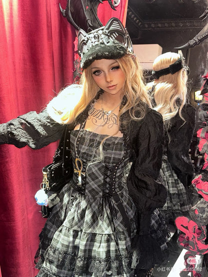 Kawaii Fashion Goth Dress Midnight Lace Whispers Pleated Enchantment