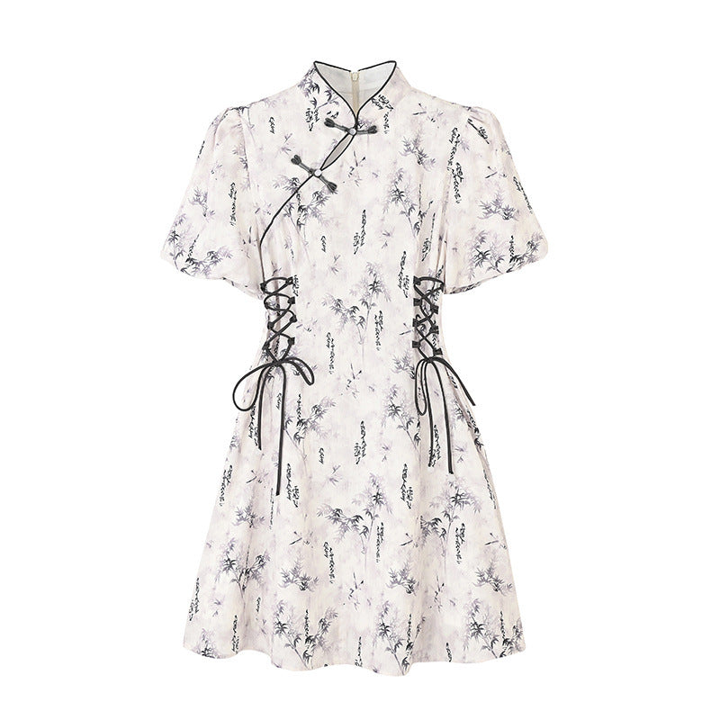 Retro Chinese-style Dress With Traditional Frog Buttons And Bubble Sleeves