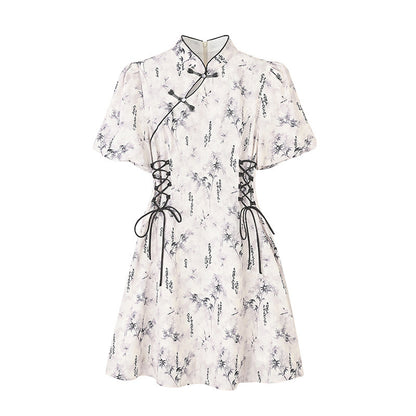 Retro Chinese-style Dress With Traditional Frog Buttons And Bubble Sleeves