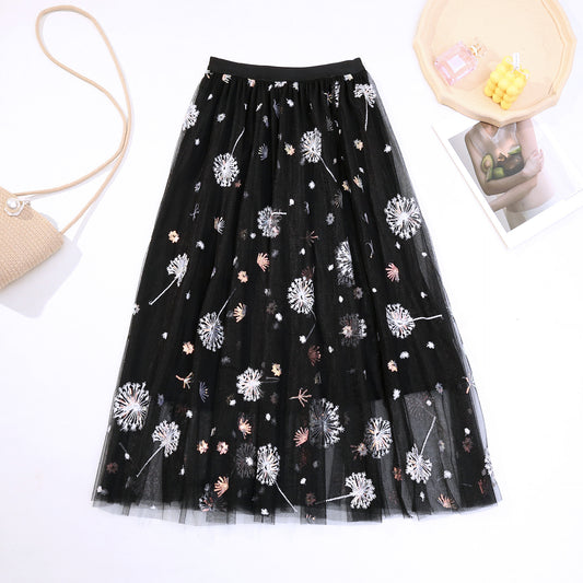 Fairy Pleated Tulle Long Skirt with Dandelion Embroidery