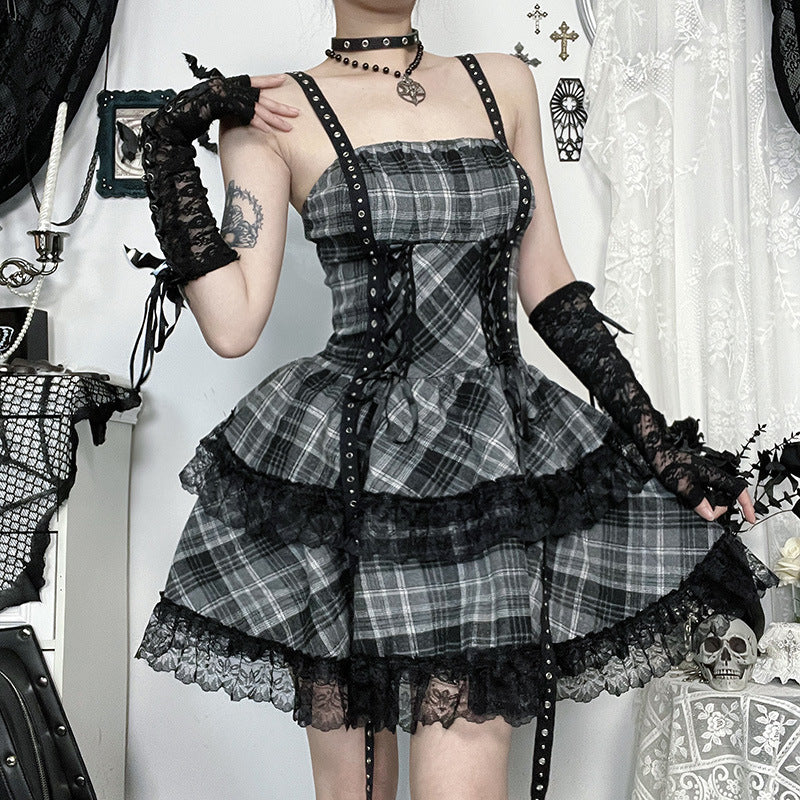 Kawaii Fashion Goth Dress Midnight Lace Whispers Pleated Enchantment