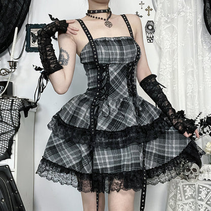 Kawaii Fashion Goth Dress Midnight Lace Whispers Pleated Enchantment