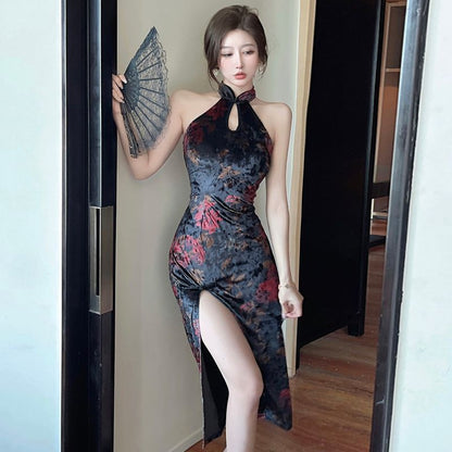 Women's Vintage Elegant Halter Printed Velvet Dress