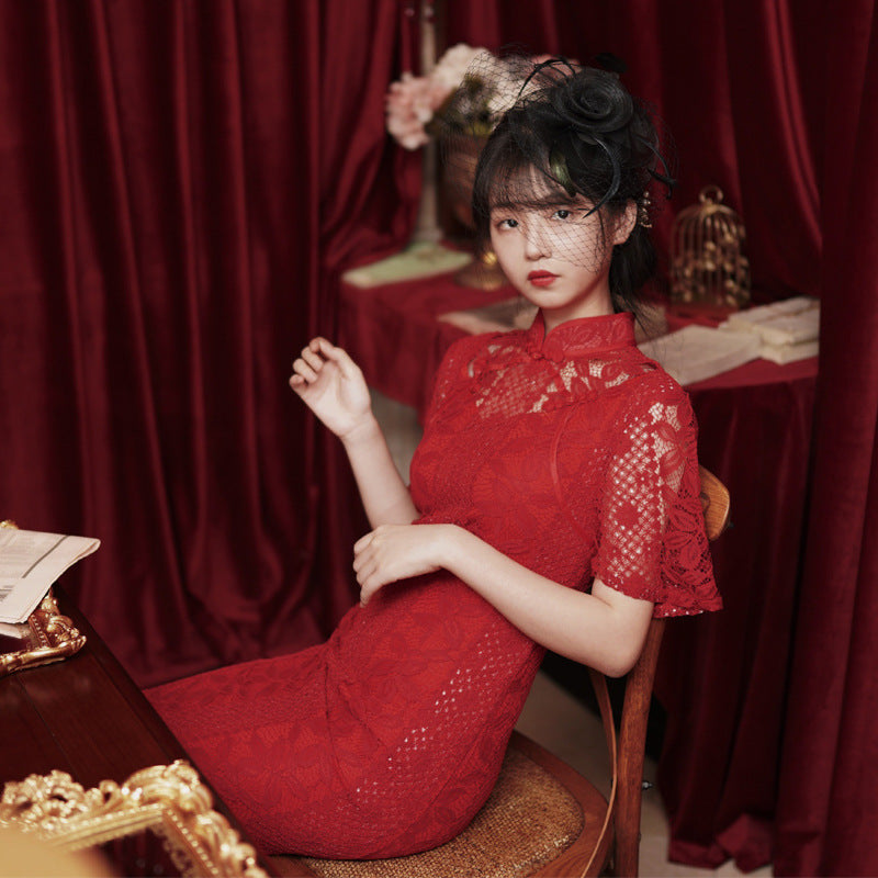 Kawaii Fashion China Dress  Red Lace Bridal Wedding Toast Dress