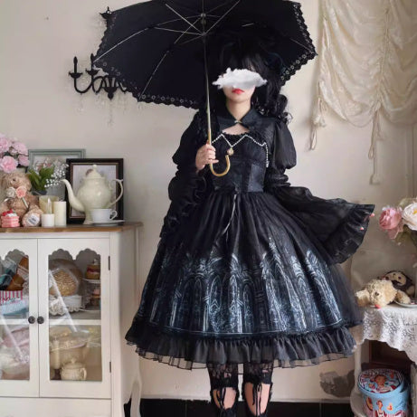 Kawaii Fashion Goth Dress Midnight Velvet Elegance Ensemble