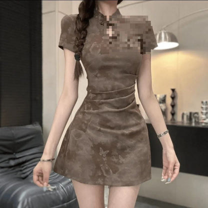 National Style Improved Cheongsam Frog Button Stand Collar Dress