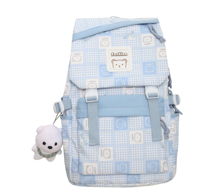 Kawaii Fashion Bag Whimsical Plaid Dreamer Backpack with Bear Pendant