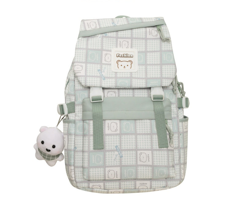Kawaii Fashion Bag Whimsical Plaid Dreamer Backpack with Bear Pendant