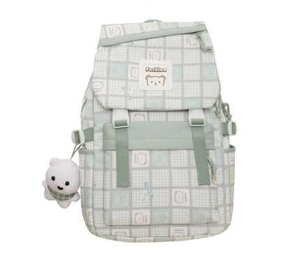 Kawaii Fashion Bag Whimsical Plaid Dreamer Backpack with Bear Pendant