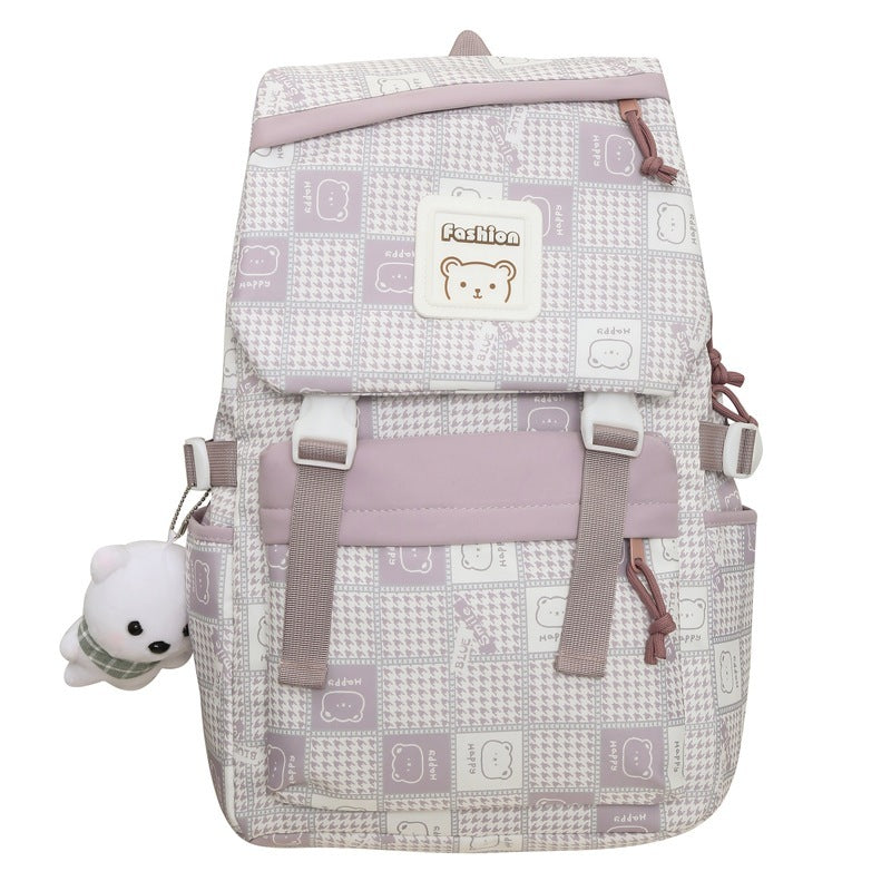 Kawaii Fashion Bag Whimsical Plaid Dreamer Backpack with Bear Pendant