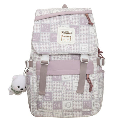 Kawaii Fashion Bag Whimsical Plaid Dreamer Backpack with Bear Pendant