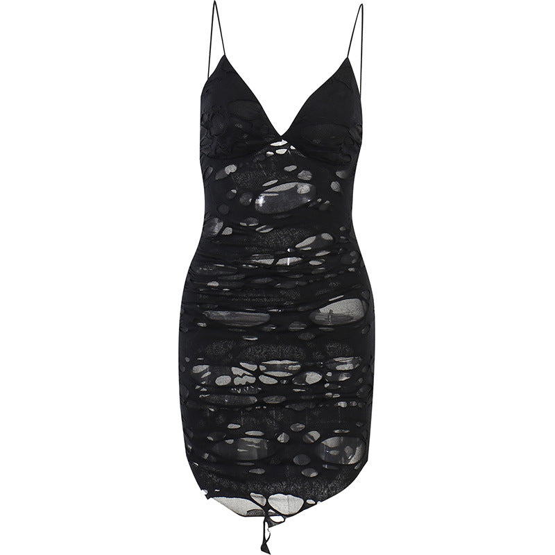 See-through Dark Tatted Style Slim Fit Slit Hip Spaghetti Straps Dress