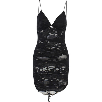 See-through Dark Tatted Style Slim Fit Slit Hip Spaghetti Straps Dress