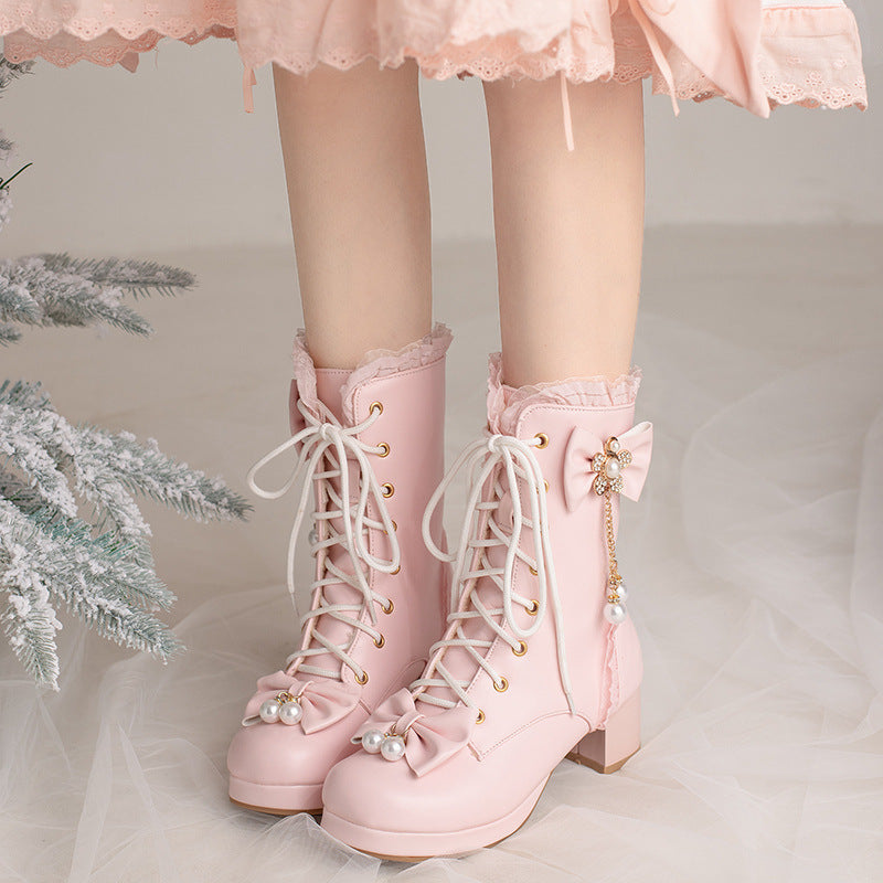Kawaii Fashion Shoes Whimsical Bowdream Lace-Up Boots