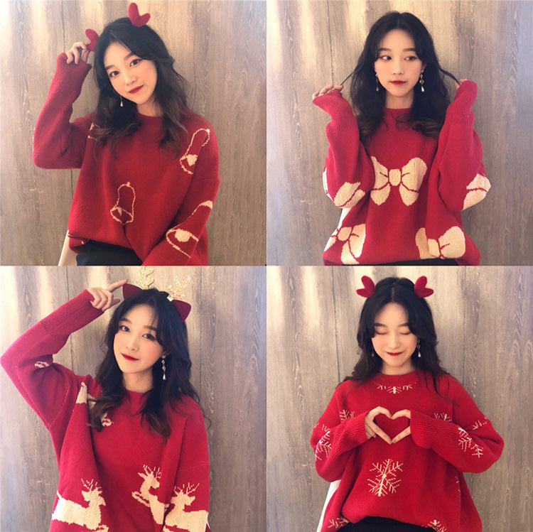 Kawaii Fashion Sweater Crimson Snowflake Bow Whimsy Sweater