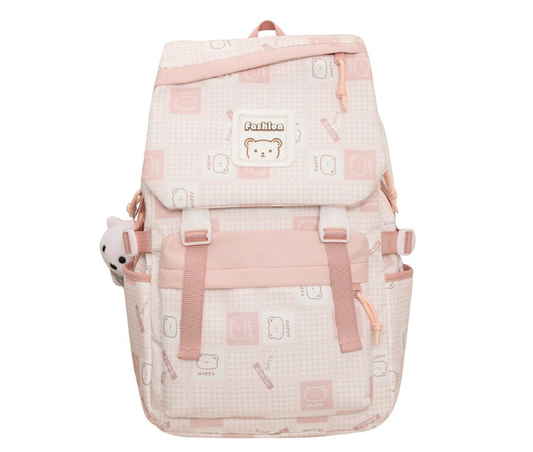 Kawaii Fashion Bag Whimsical Plaid Dreamer Backpack with Bear Pendant