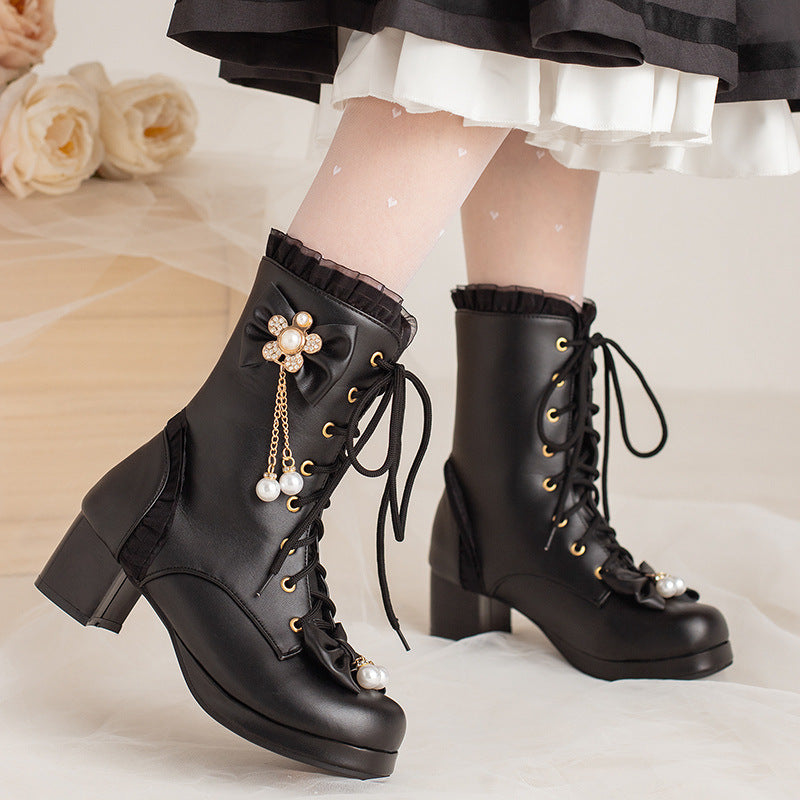 Kawaii Fashion Shoes Whimsical Bowdream Lace-Up Boots