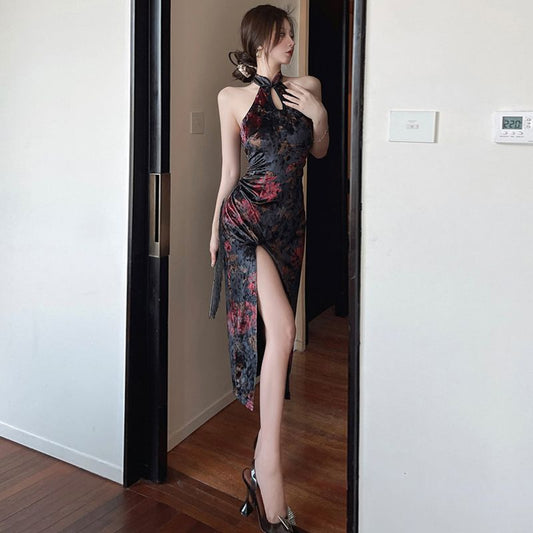 Women's Vintage Elegant Halter Printed Velvet Dress
