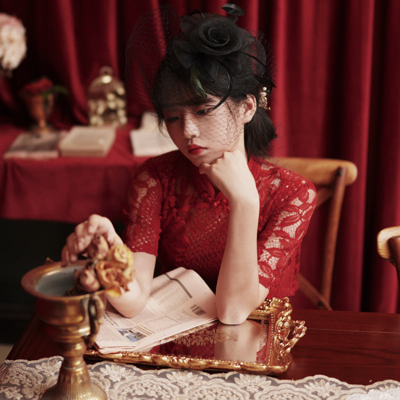 Kawaii Fashion China Dress  Red Lace Bridal Wedding Toast Dress