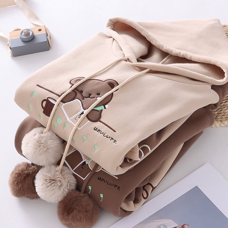 Kawaii Fashion Hoodie Whimsical Bear Embroidery Cozy Pullover