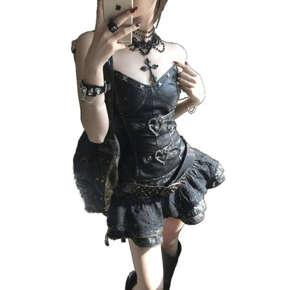 Retro Dark Punk Waist Tube Top Slimming Puffy Skirt Outfit