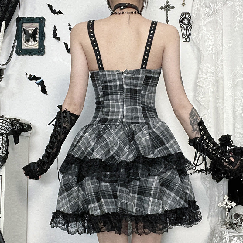 Kawaii Fashion Goth Dress Midnight Lace Whispers Pleated Enchantment