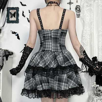 Kawaii Fashion Goth Dress Midnight Lace Whispers Pleated Enchantment