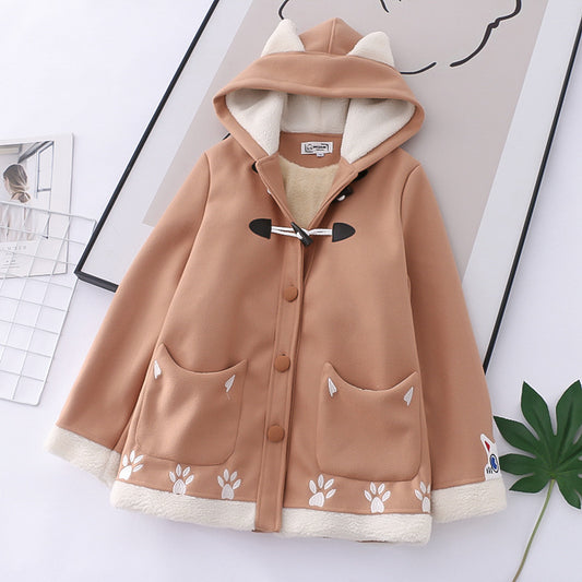 Kawaii Fashion Coat Whimsical Khaki Dreamscape Hooded Coat