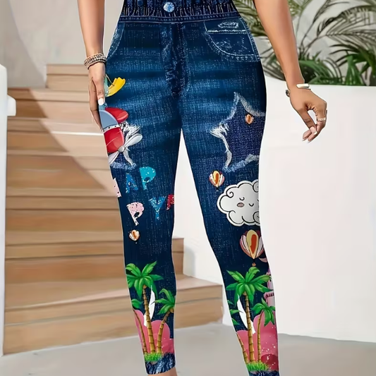 Denim Print Bottoms Machine Washable Comfortable Base