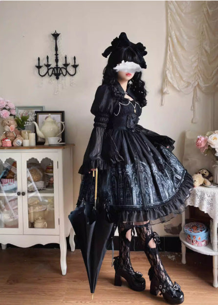 Kawaii Fashion Goth Dress Midnight Velvet Elegance Ensemble