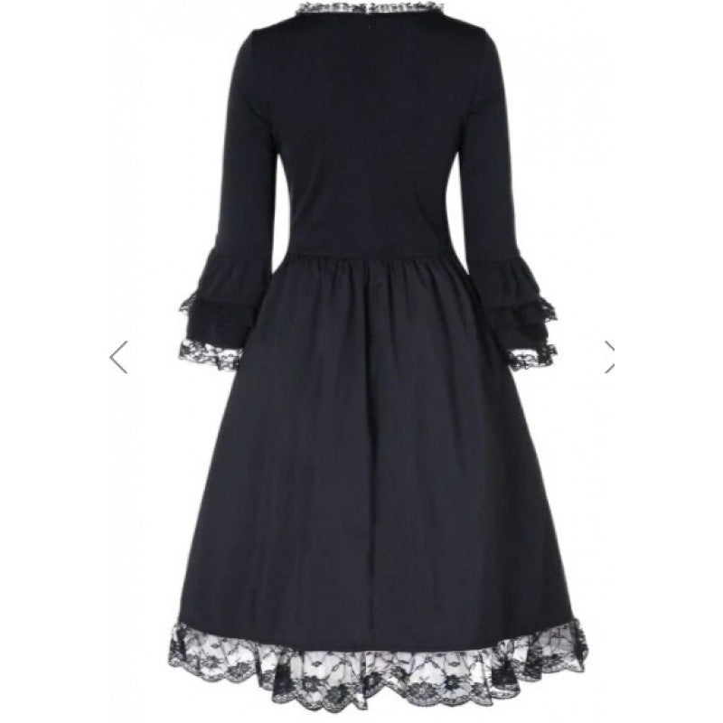 Women's Long-sleeved Lace Flanged Layered Mid-length Dress