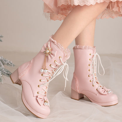 Kawaii Fashion Shoes Whimsical Bowdream Lace-Up Boots