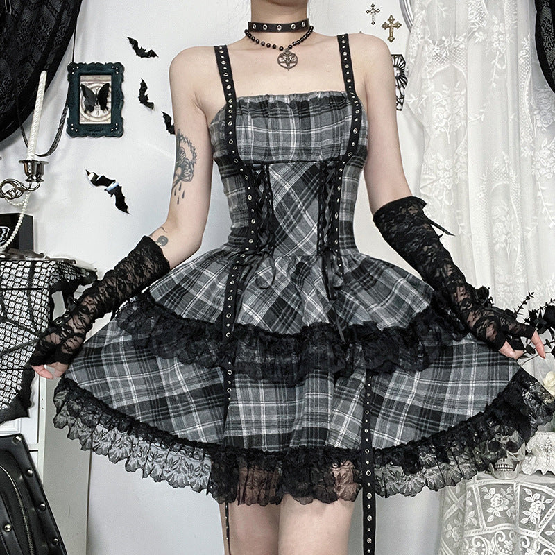 Kawaii Fashion Goth Dress Midnight Lace Whispers Pleated Enchantment