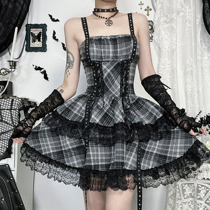 Kawaii Fashion Goth Dress Midnight Lace Whispers Pleated Enchantment